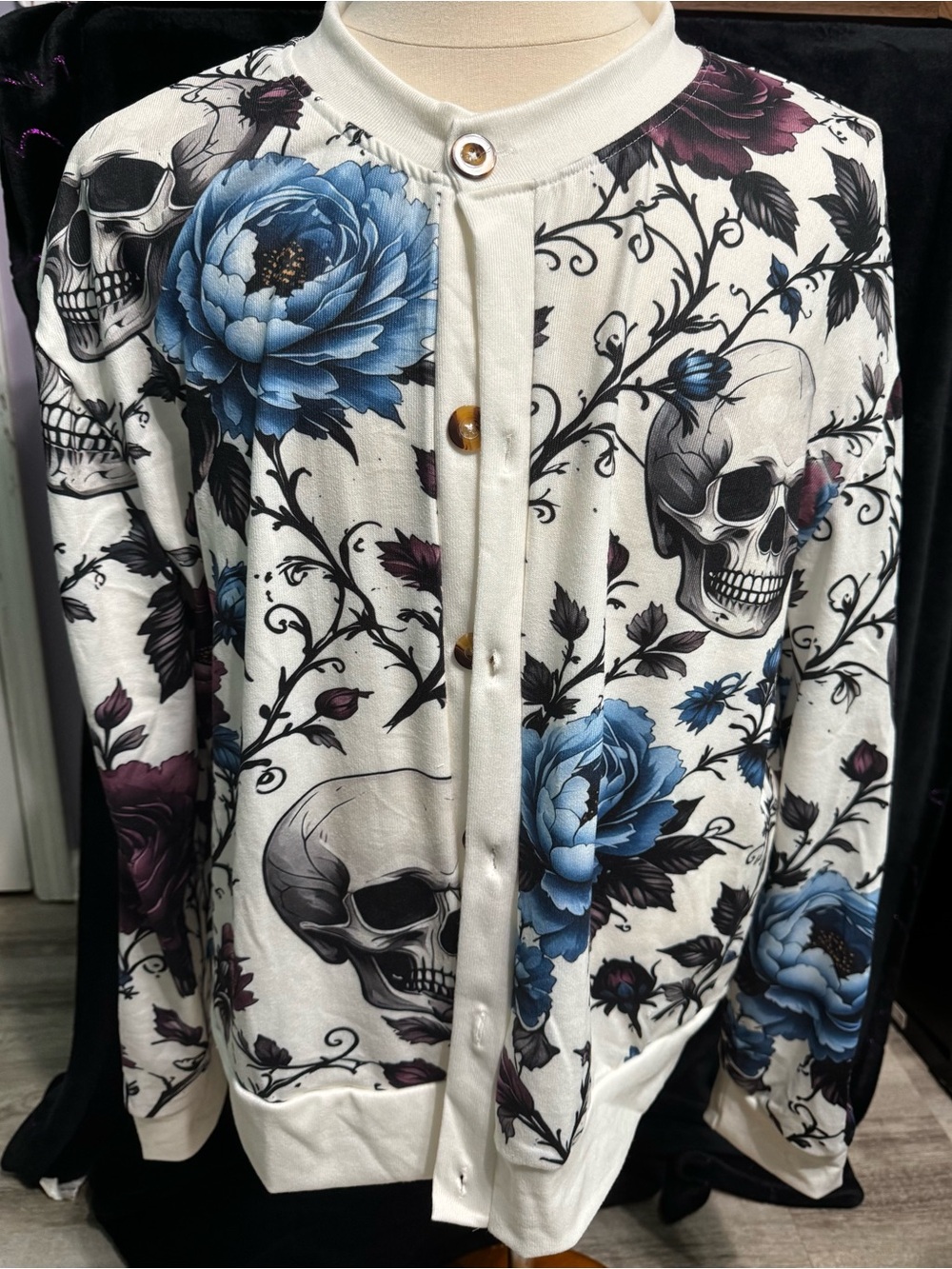 Floral Skull Button-Up Cardigan Style Jacket - White with Blue & Plum Flowers